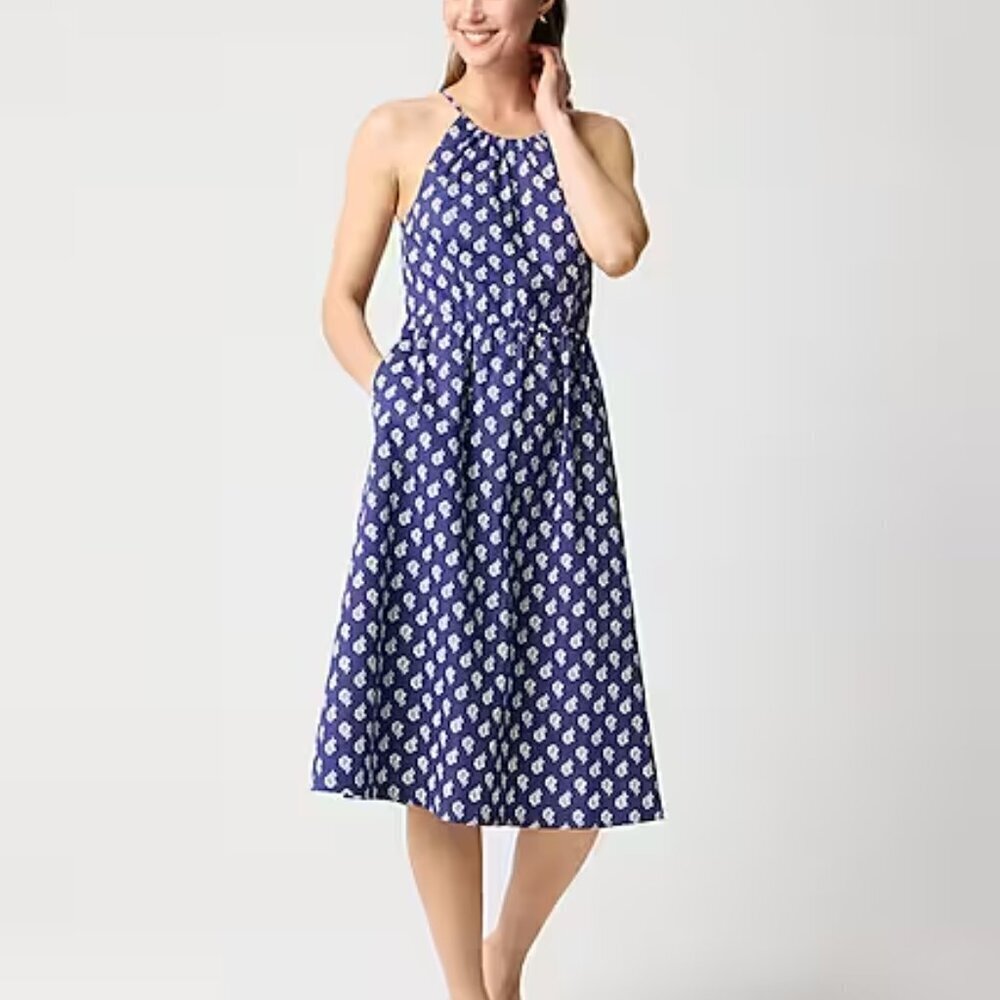 J. Crew Strappy Poplin Halter Dress Blue Floral Size 2/XS NWT